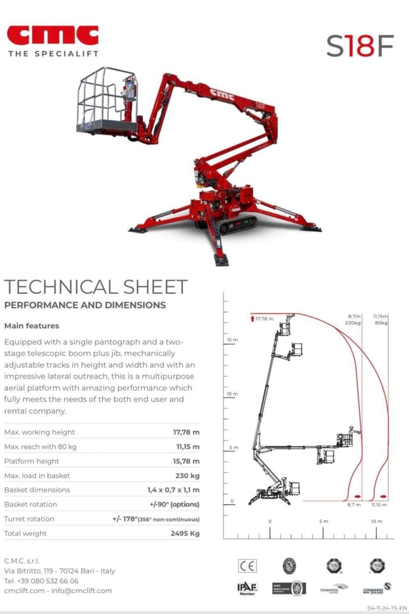 CMC S18F Cherry Picker For Hire Newbury Spec Sheet
